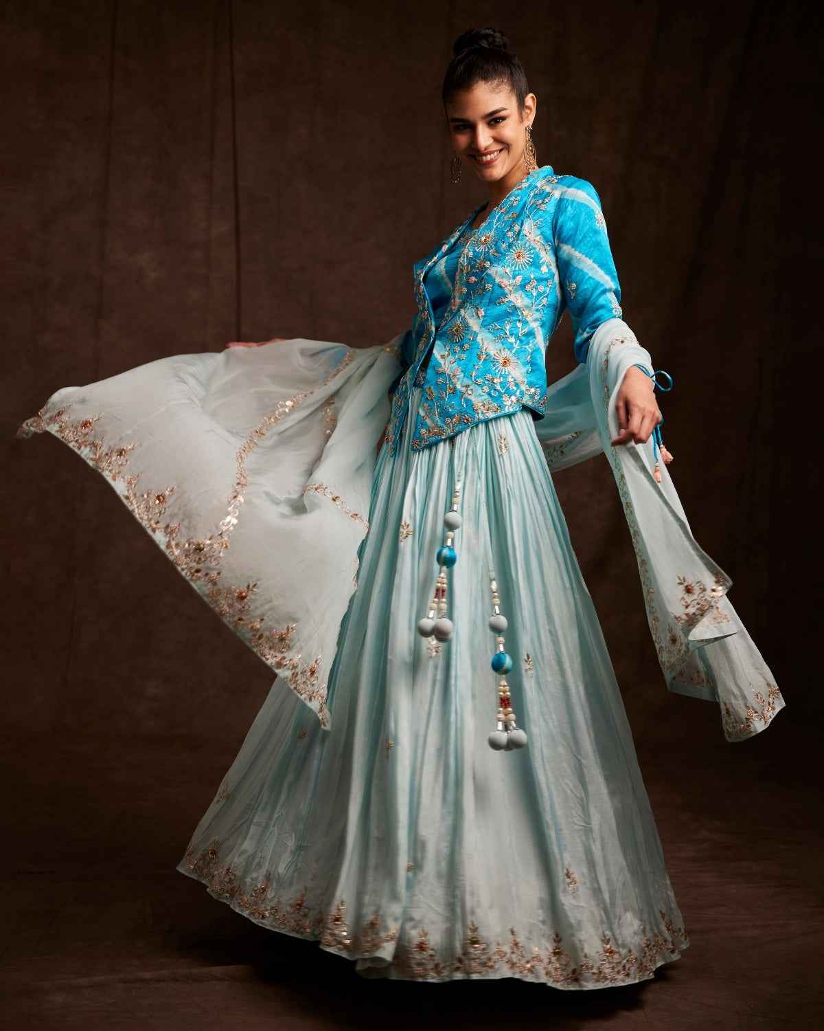 Sky Blue Leheriya Jacket Lehenga Set