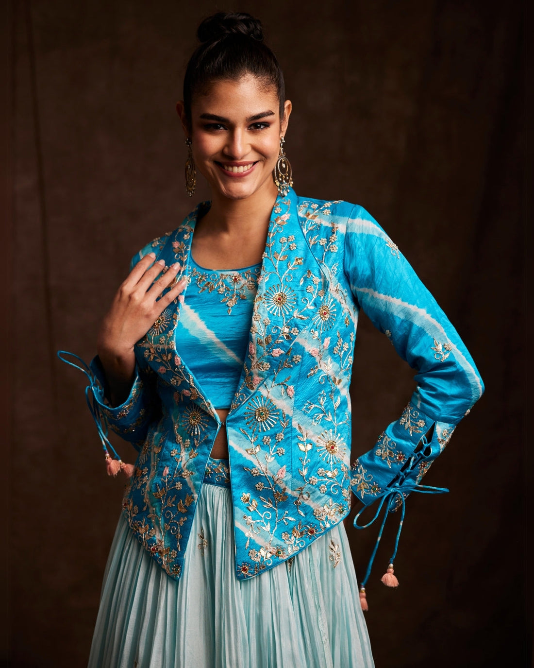 Sky Blue Leheriya Jacket Lehenga Set