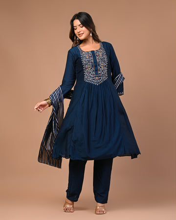 Embroidered Blue Kurta and Pant with Dupatta (Set of 3)