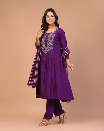 Embroidered Purple Kurta and Pant with Dupatta (Set of 3)