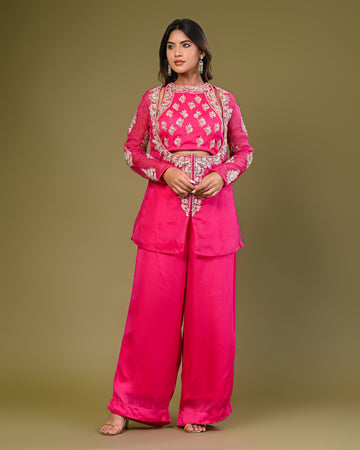 Hot pink zari embroidered organza kurti and palazzo pant