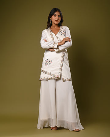 Satin white embroidered kurti and palazzo