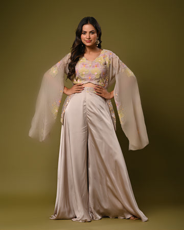 Organza floral embroidered cape and satin palazzo