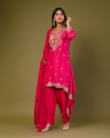 Fuchsia embroidered silk blend Asymmetric kurta, dupatta and pants