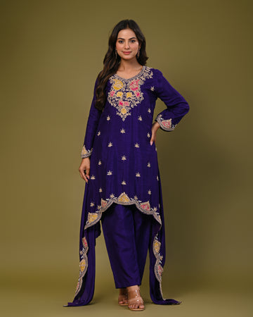 Blue embroidered silk blend Asymmetric kurta and pants