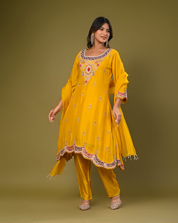 Yellow embroidered silk blend kurta and pants
