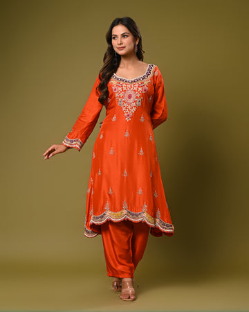 Rust embroidered silk blend kurta and pants