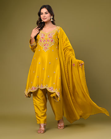 Yellow embroidered silk blend kurta and pants