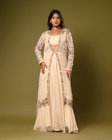 Ivory Hand Embroidered shrug with Bustier and Palazzo