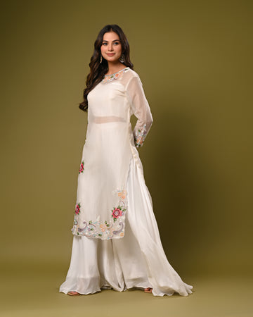 Off-White handpainted emblissed sheer kurta with satin bustier and palazzo