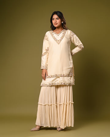 Ivory Hand Embroidered kurti with sharara