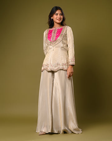 Silk embellished short kurti and wide leg palazzo