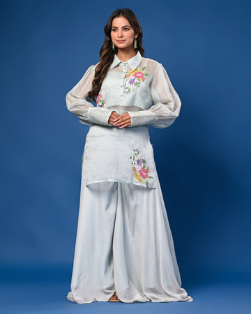 Shirt style embroidered top and flared palazzo