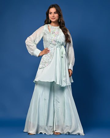 Silk embroidered top and flared palazzo