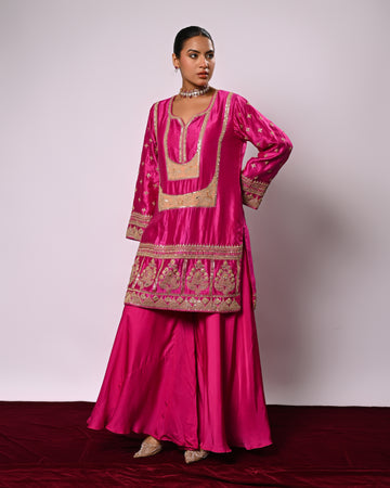 Hot pink zari embroidered silk kurta and palazzo pant