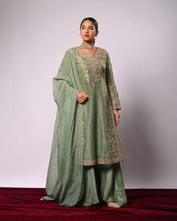 Pastel green hand embroidered kurta, duppatta and palazzo