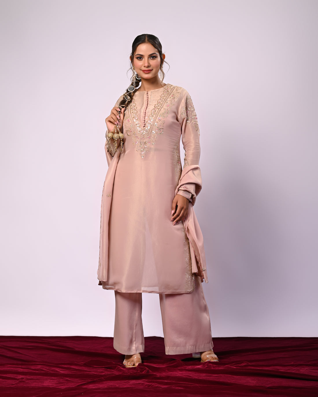 Pink silk embellished kurta, duppatta and palazzo