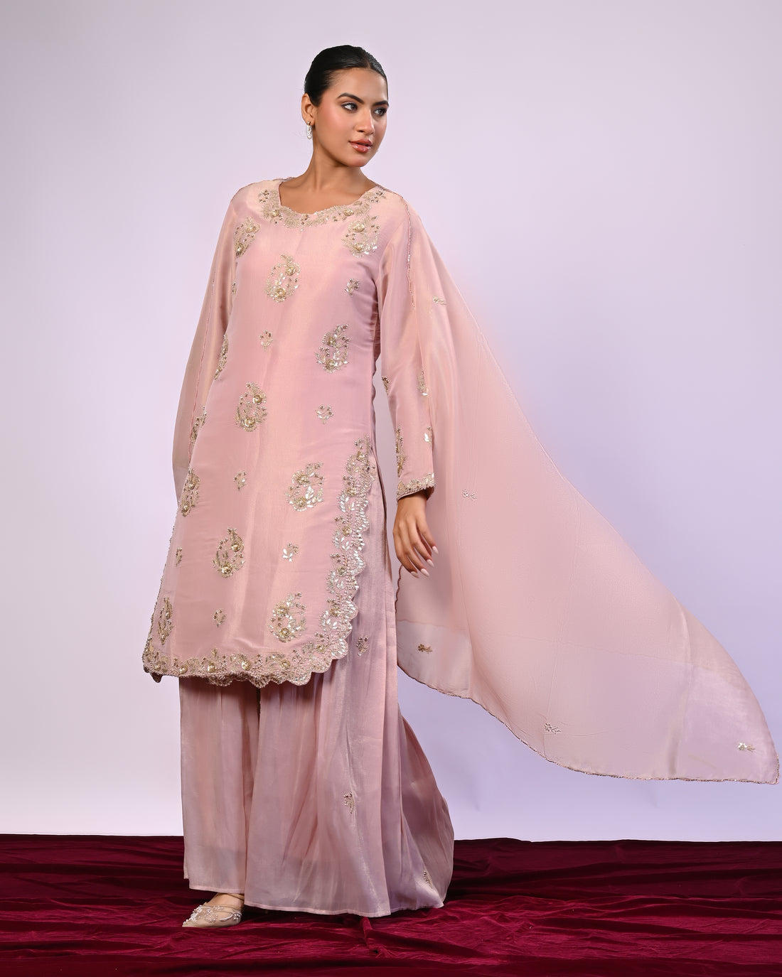 Pink silk embellished kurta, duppatta and palazzo