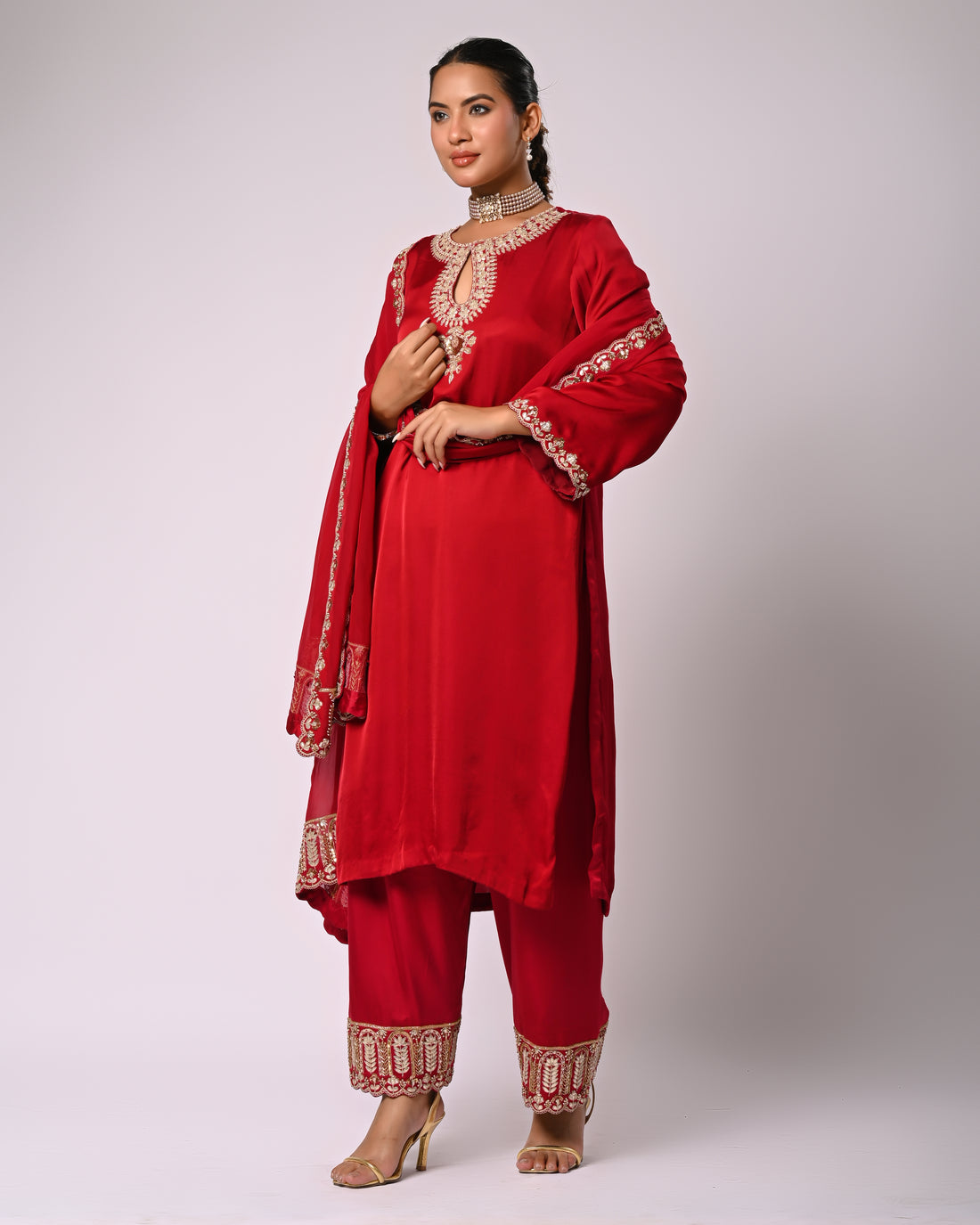 Maroon hand embroidered kurta, dupatta and farshi pants