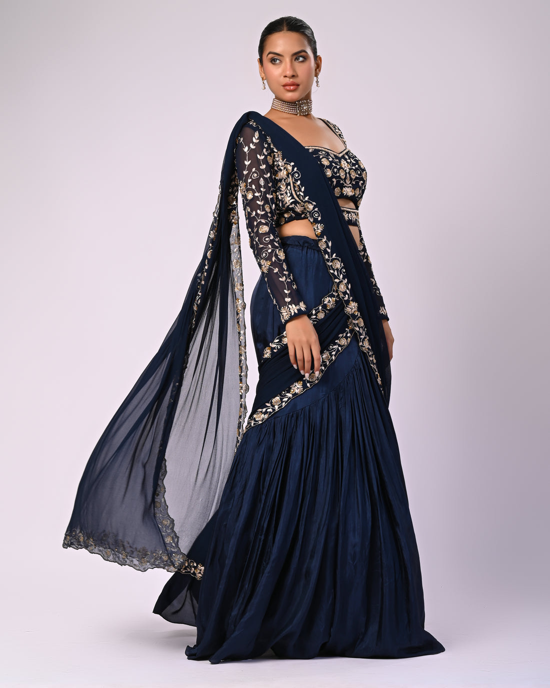 Blue hand embroidred zari work indo western drape