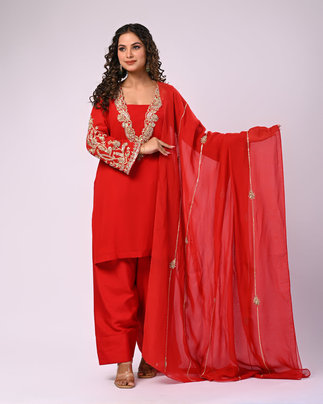 Red hand embroidered kurta, dupatta and farshi pants